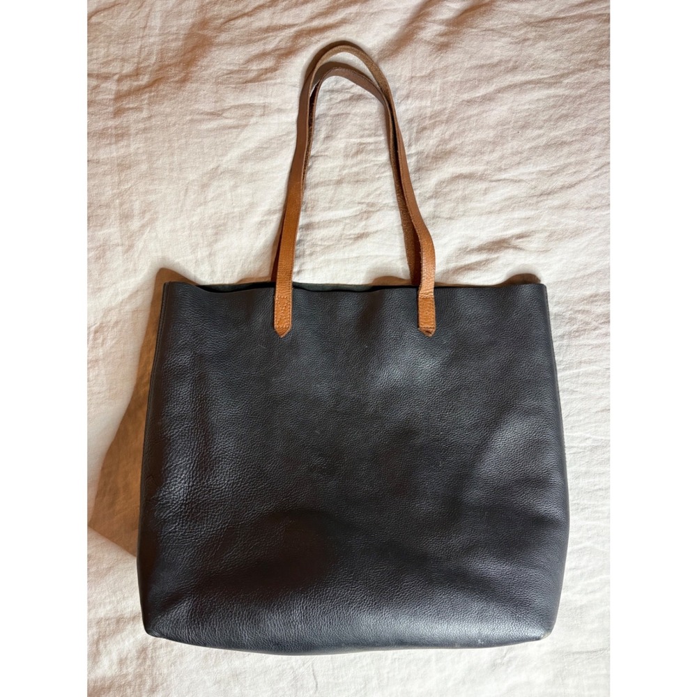 Madewell The Transport Tote Black Leather Shoulder Bag Contrast Brown Handles